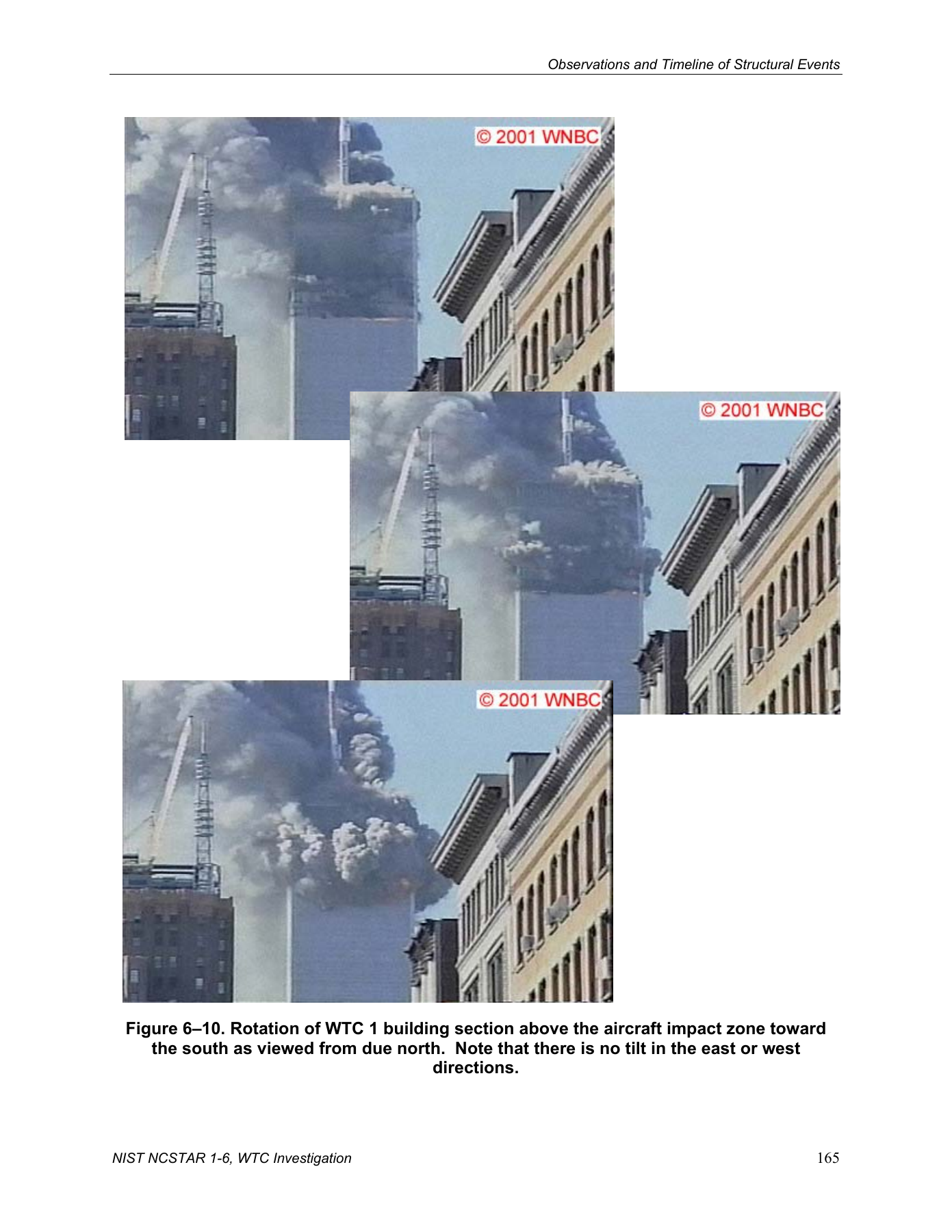 North-view sequence of North Tower upper-section movement; WNBC credits retained.