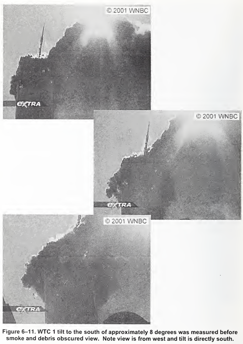 West-view sequence of southward North Tower tilt; WNBC credits retained.