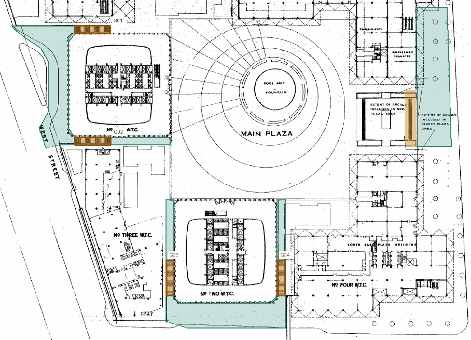 Original plaza plan with four stair-bank envelopes in amber and connected exterior walking areas in green