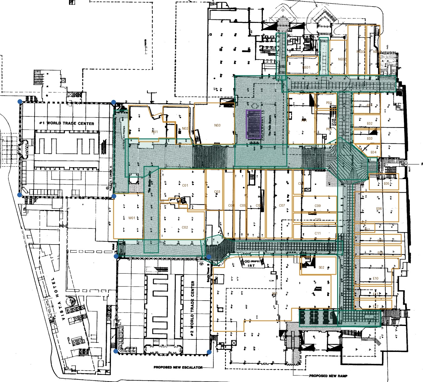 SKA56/84 existing concourse base layout with public passages in green, tenant envelopes in amber and PATH opening in purple
