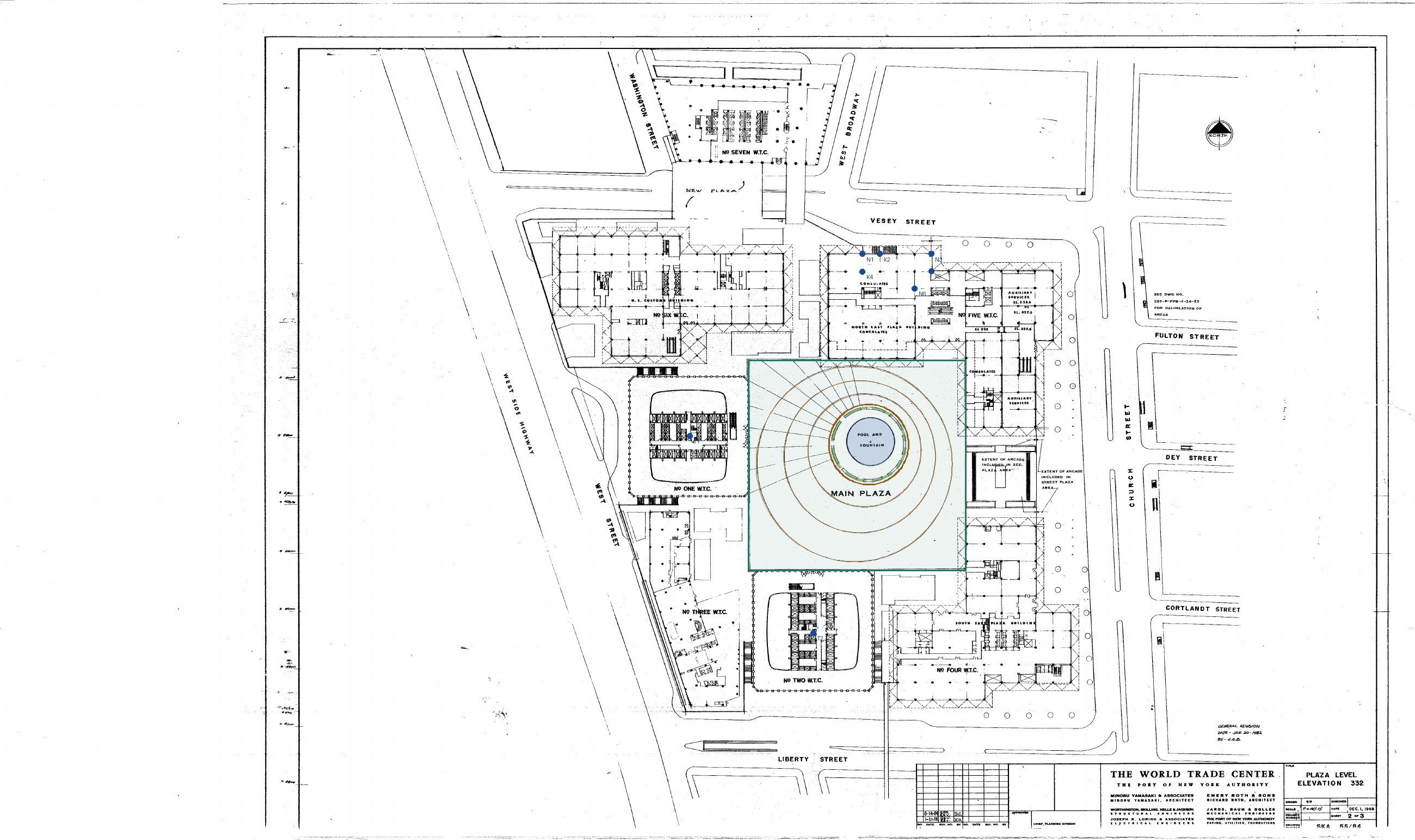 Original SKA55 plaza plan with registered ground outline, fountain features and control points annotated