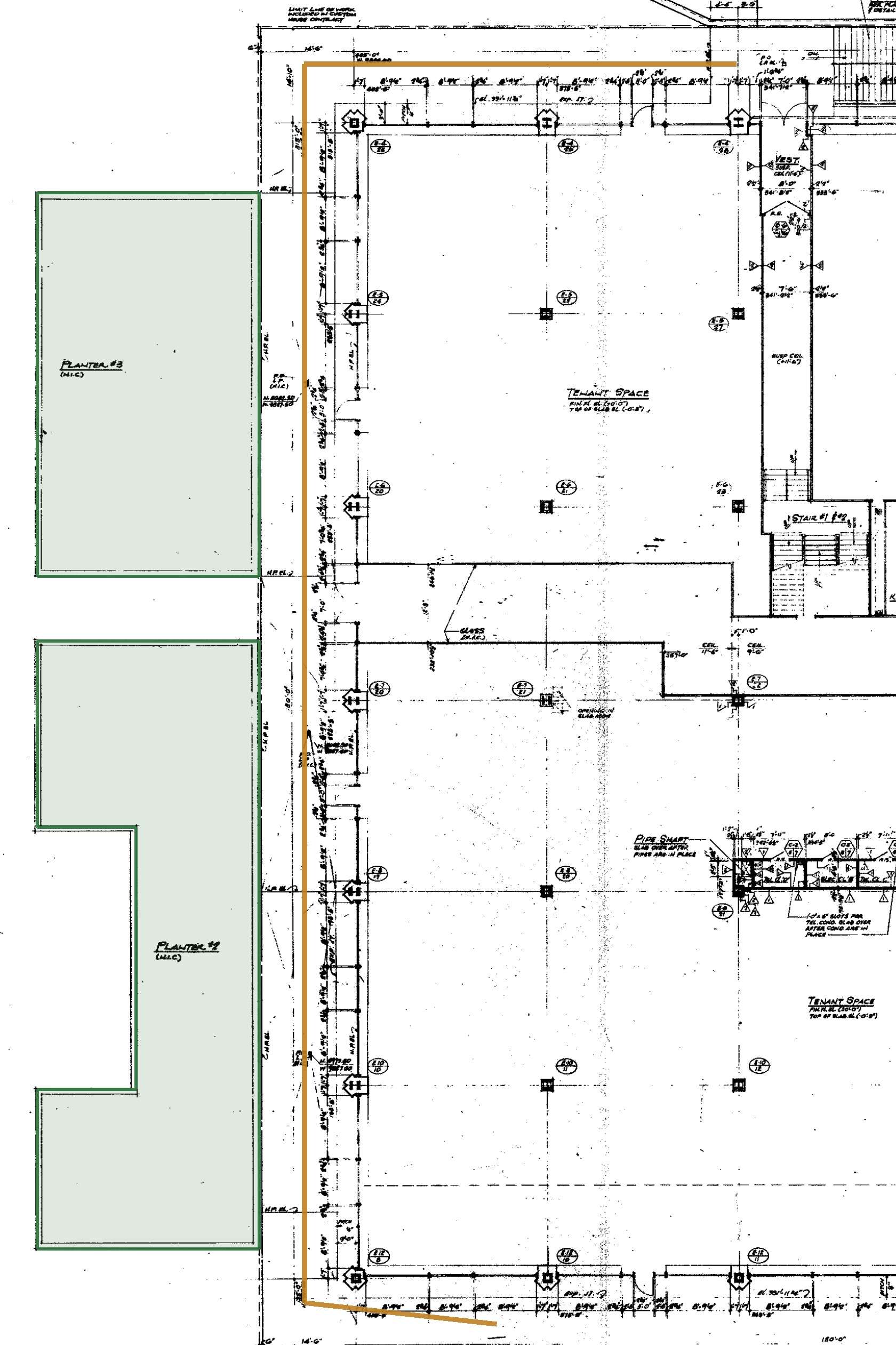 A-E-22 original plan with the two planter footprints traced in green and a walking connection shown in amber