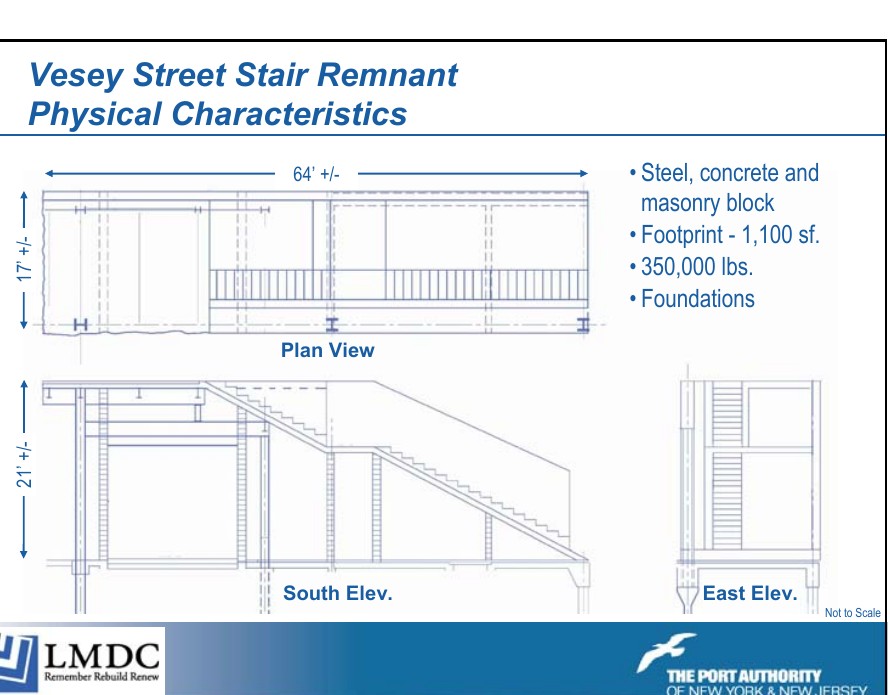 2006 preservation drawing of the stair remnant showing an intermediate landing and approximate dimensions