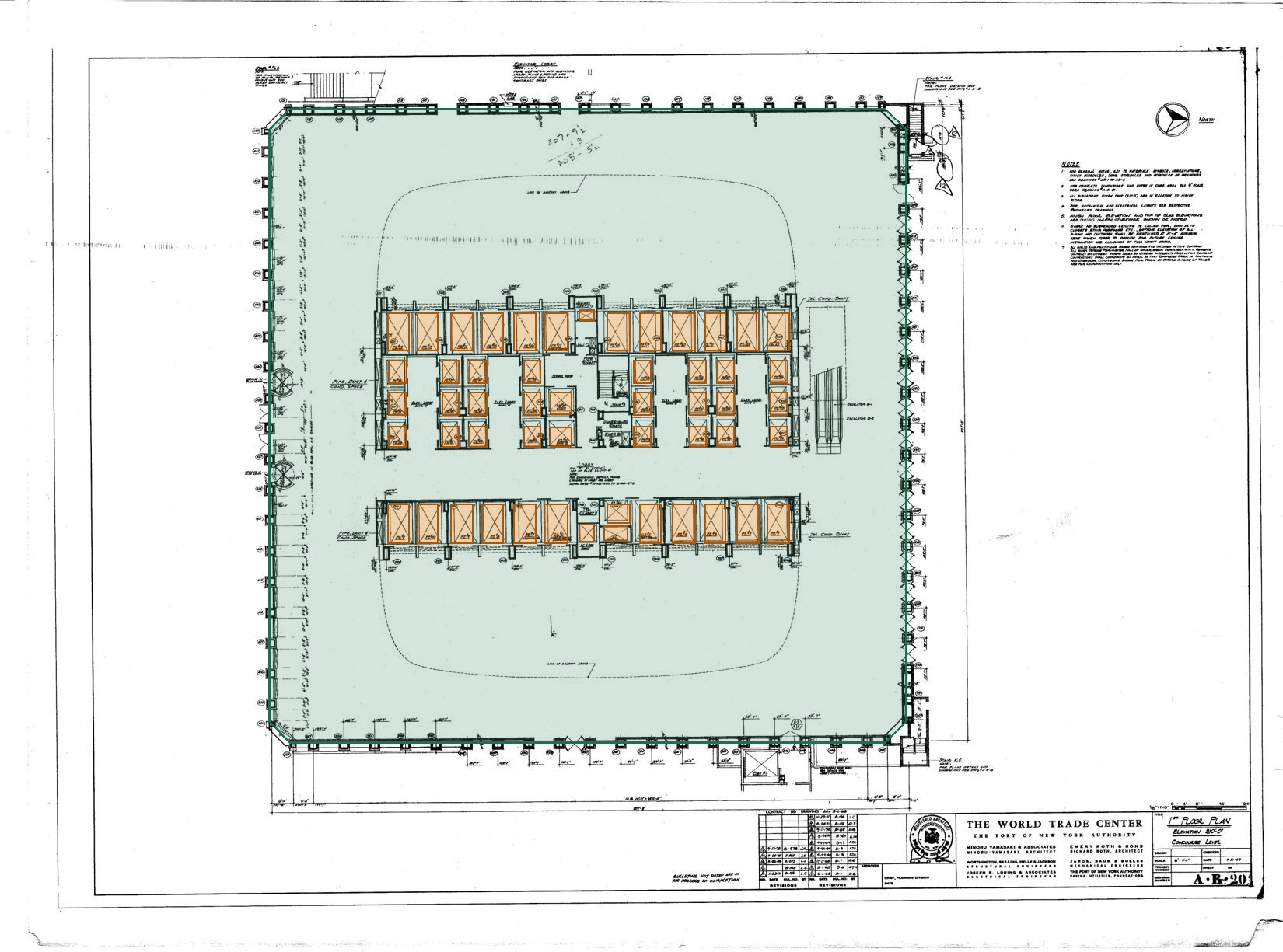 Tower B concourse plan with floor envelope in green and shaft interiors in amber
