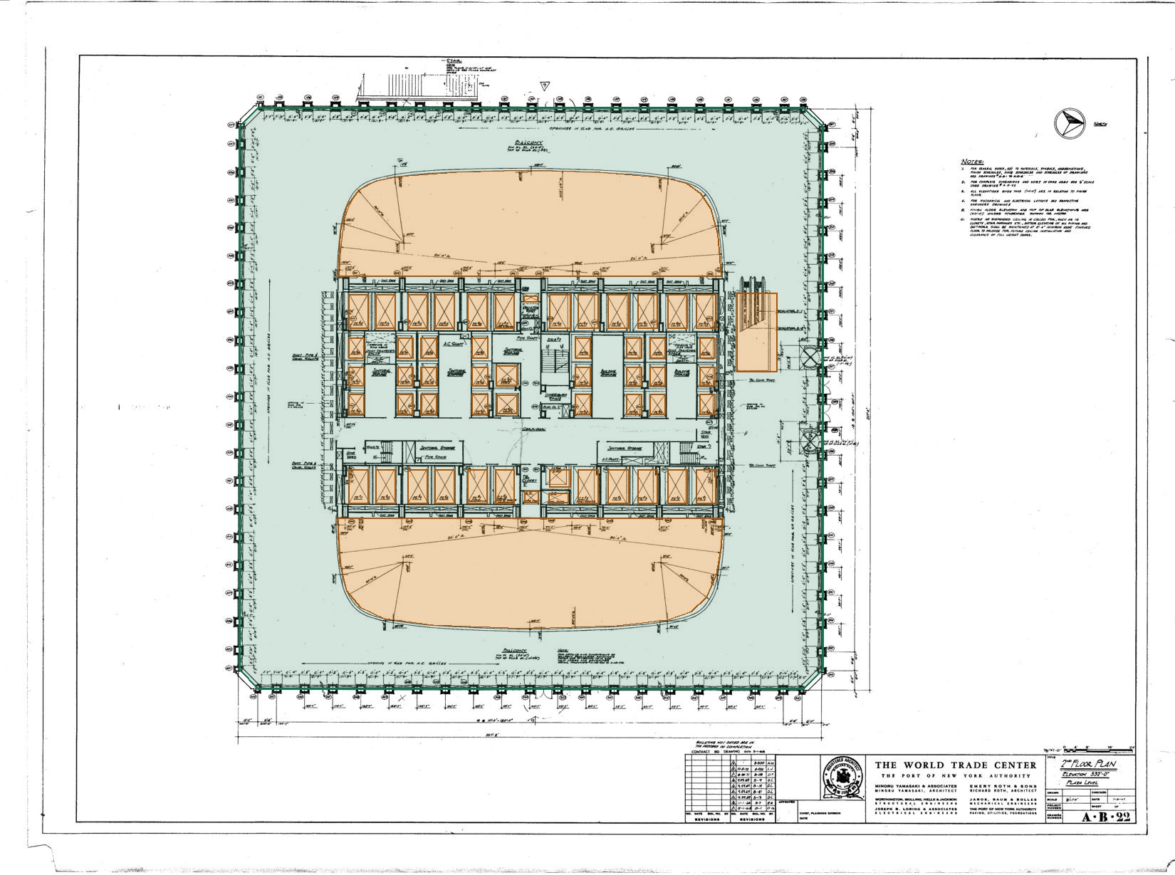 Tower B plaza plan with curved atria, shafts and escalator opening in amber