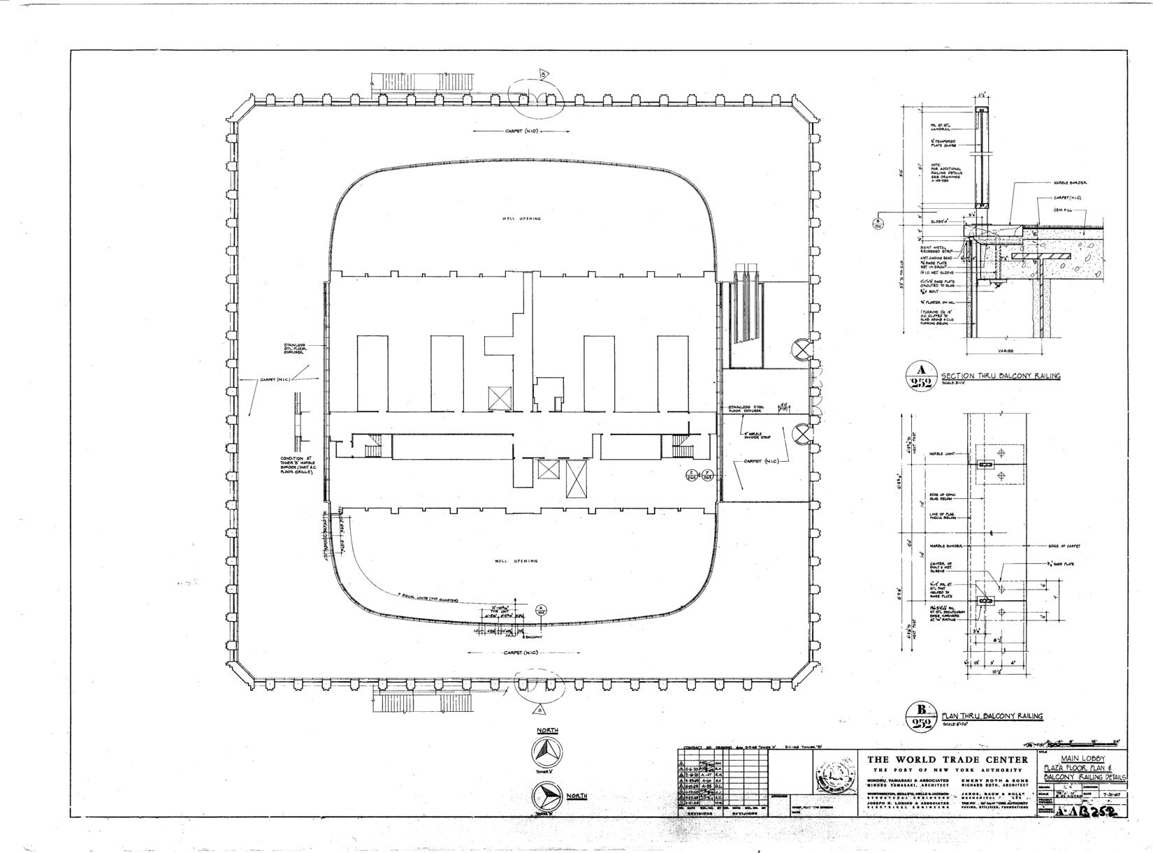 Shared plaza plan and glass balcony railing section