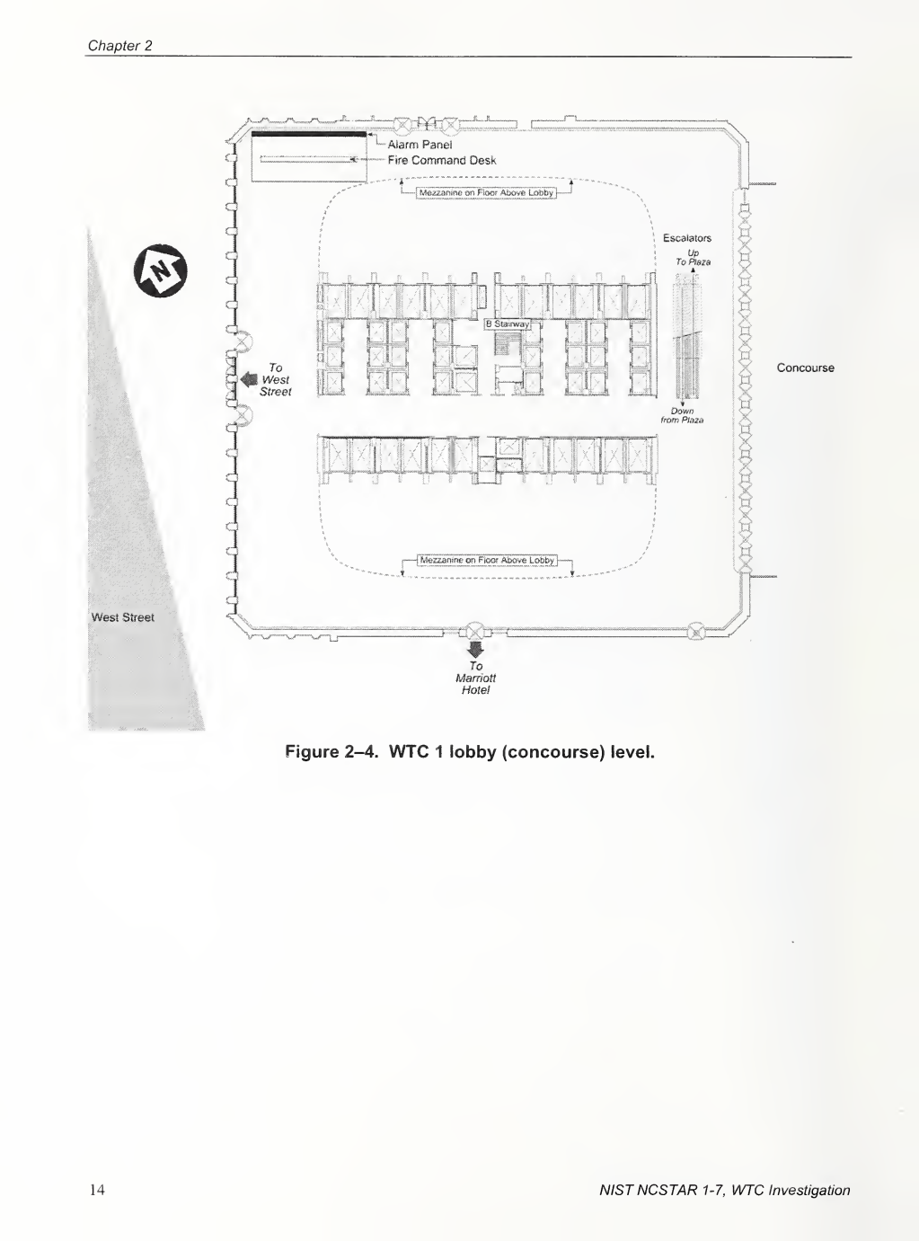 NIST WTC 1 lower lobby plan showing the shopping concourse, West Street and Marriott doors