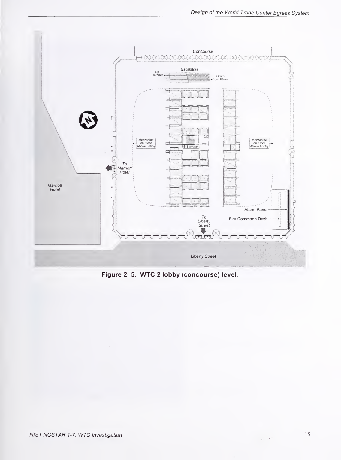NIST WTC 2 lower lobby plan showing the shopping concourse, Liberty Street and Marriott doors