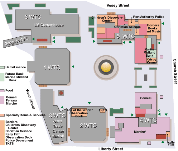 Archived Port Authority plaza directory locating retail and services in WTC 4 and WTC 5